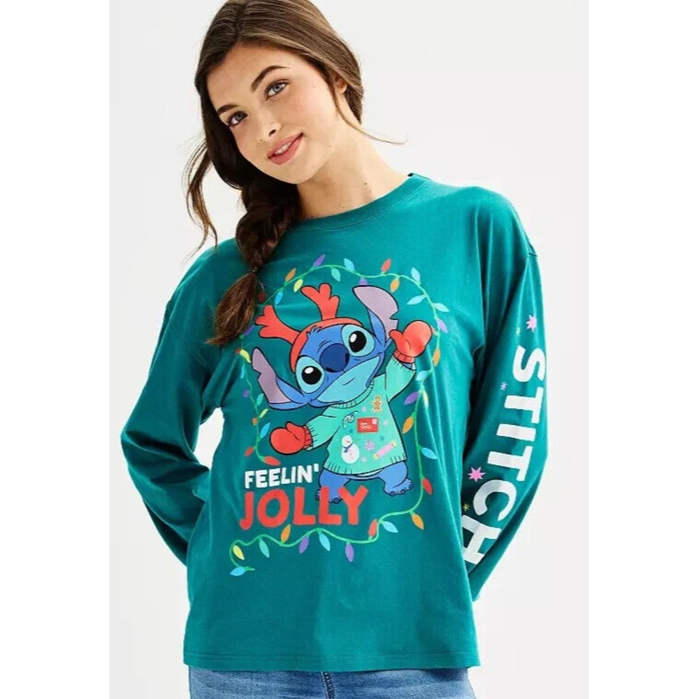 DISNEY STITCH FEELING JOLLY CHRISTMAS LONG SLEEVE TEE Fits Like Junior Size M‎
